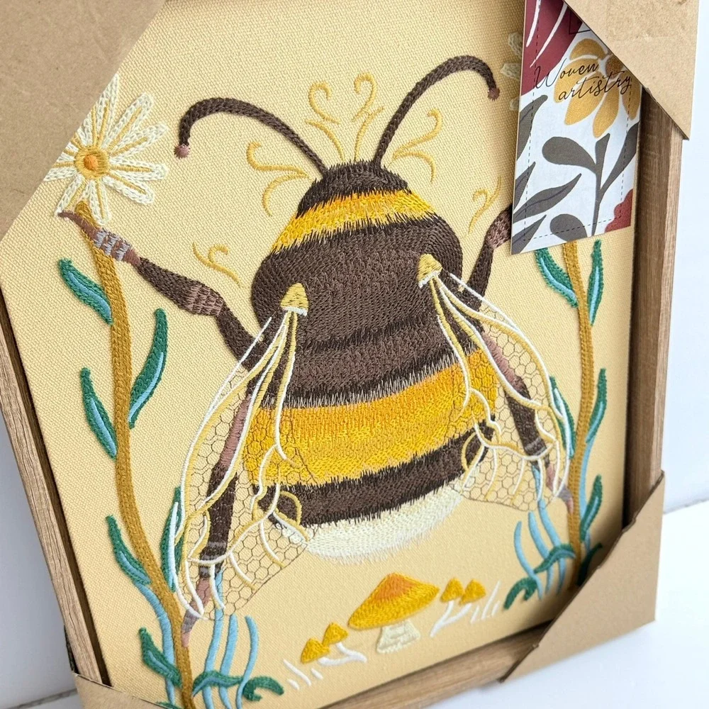 BP Home Woven Artistry Bumblebee Embroidered Framed Canvas Wall Art 12x15 New